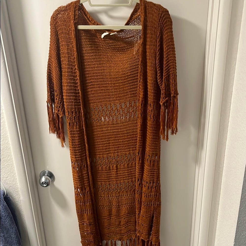 Sky and Sparrow Brown Fringe Cardigan Sweater